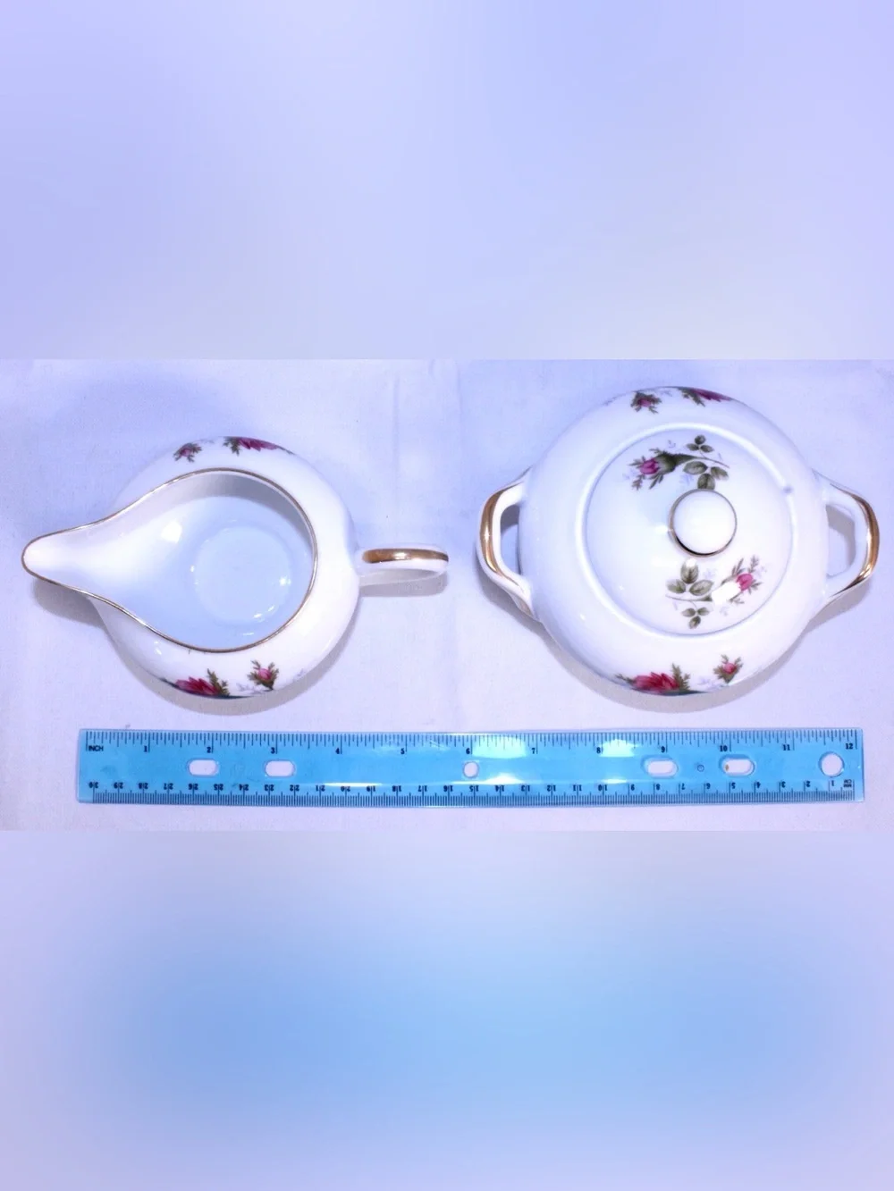 Vintage Sango Japan Moss Rose Porcelain Creamer and Lidded Sugar Set - Gold Trim